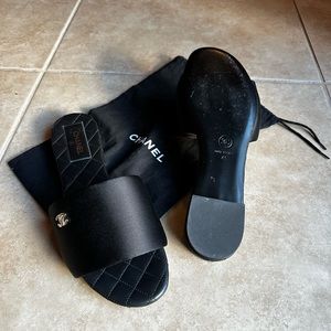 Channel Black Satin Slides